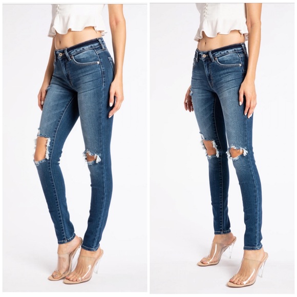 Busted Knee Distressed Skinny Jeans Dark Wash - Picture 2 of 4